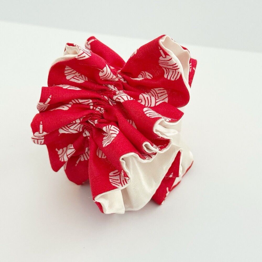 Handmade Red & Cream Scrunchie Hair Tie Ruffled Elastic Ponytail Holder - Picture 5 of 13